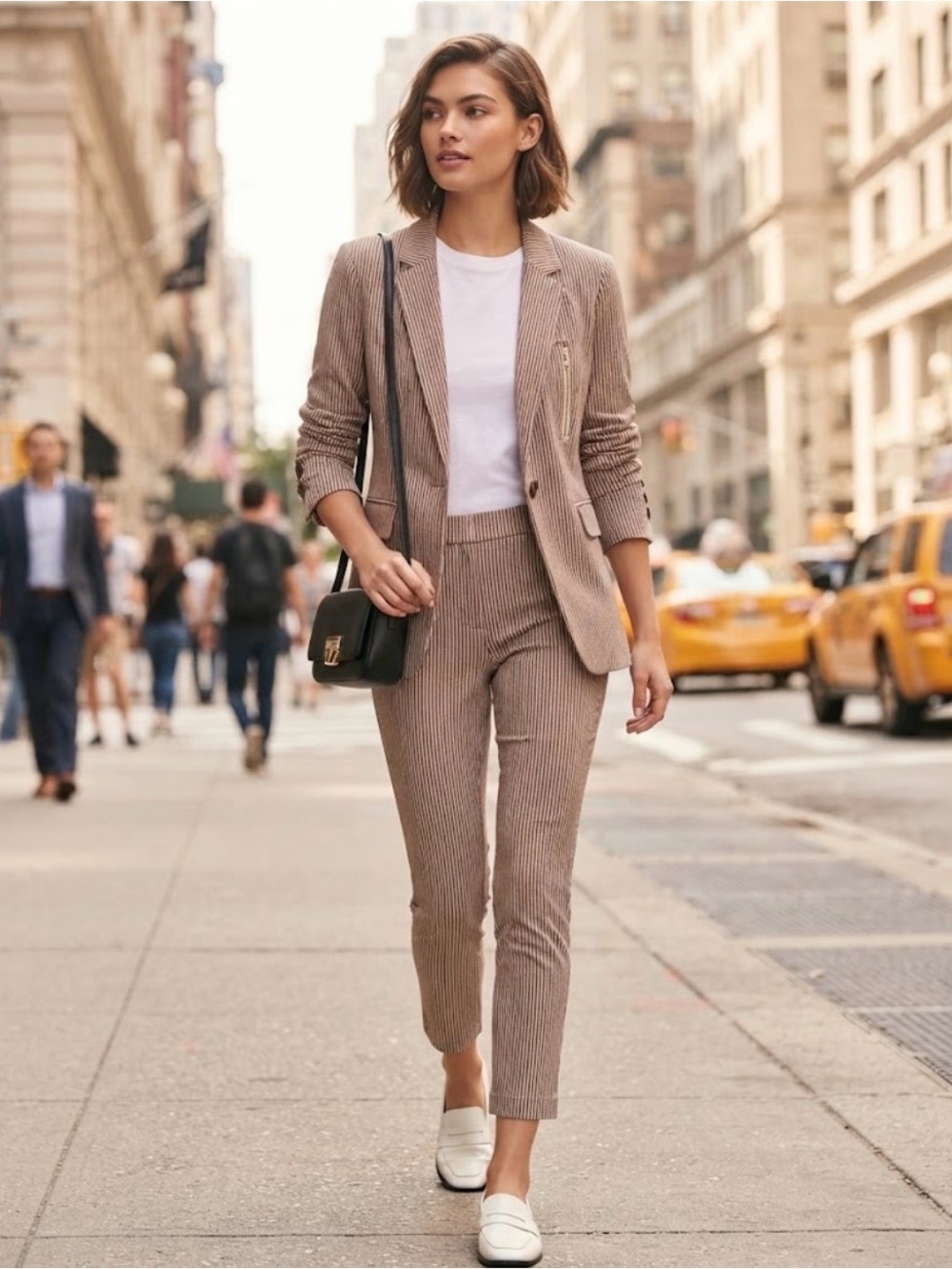 DKNY Pinstripe Blazer & Pants Suit Set Tan Brown Size 12 Ruched Sleeve